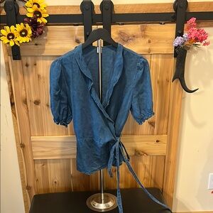 Old Navy Denim Blue Puff Sleeve Wrap Blouse